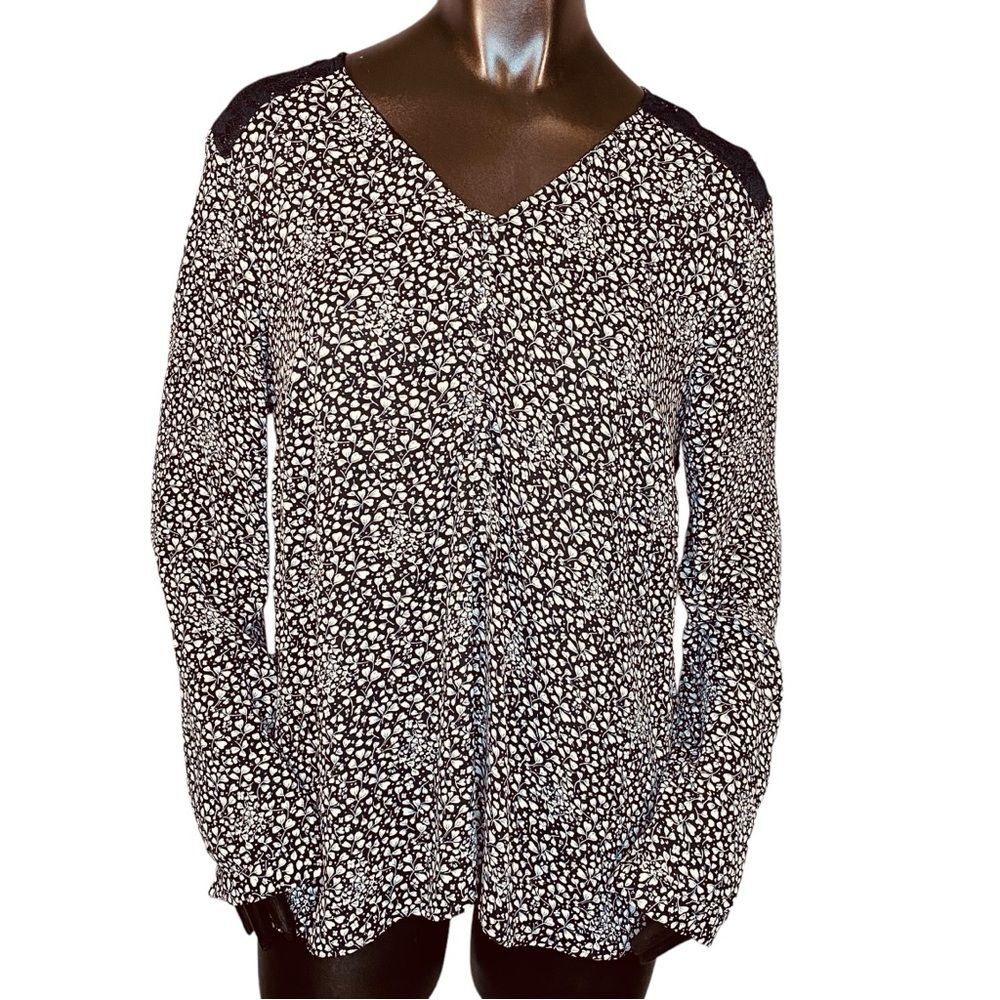 Daniel Rainn Cottagecore Blouse Lace Accents Long Sleeve Black White SZ Large